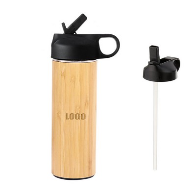 500Ml Bamboo Stainless Steel Bottle w/Straw Lid